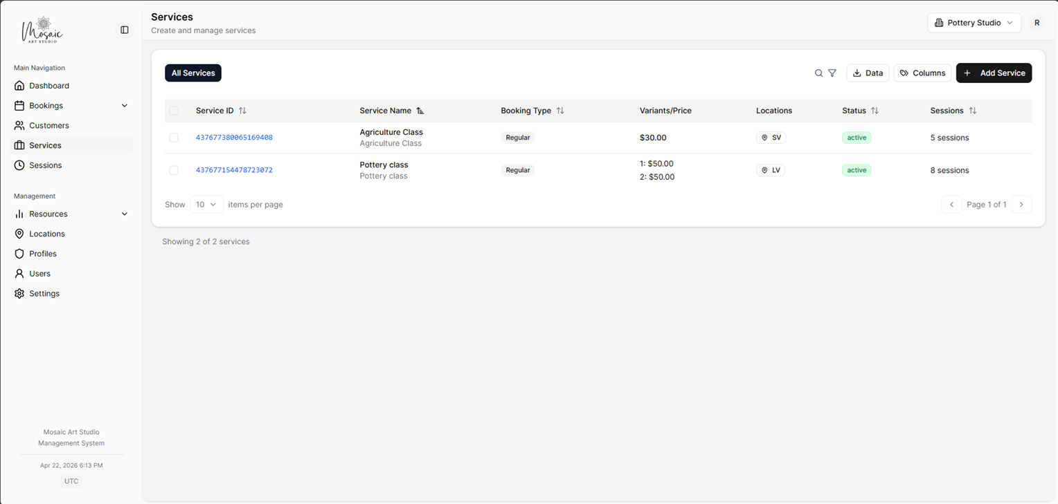 Services main page listing all bookable services